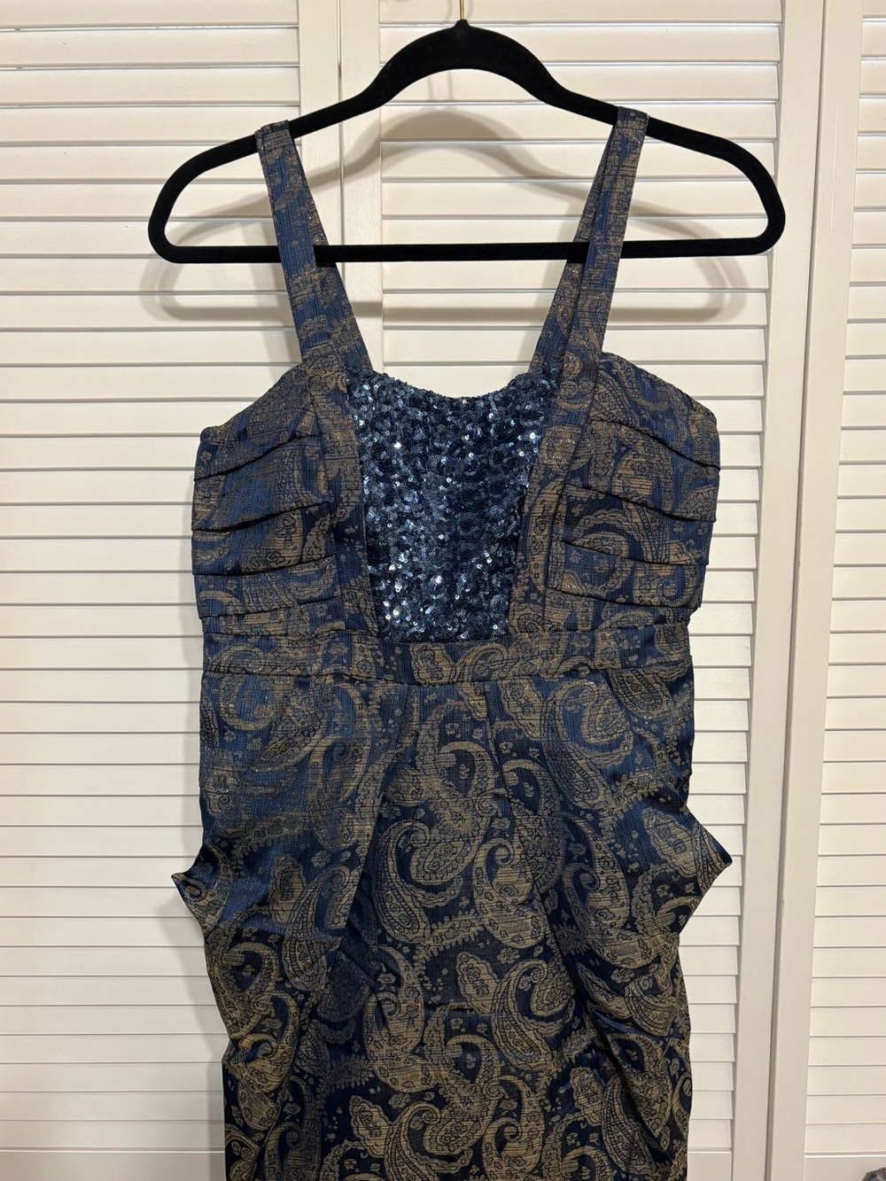 Navy and Gold Brocade Mini Dress with Sequined panel and Origami Pleats